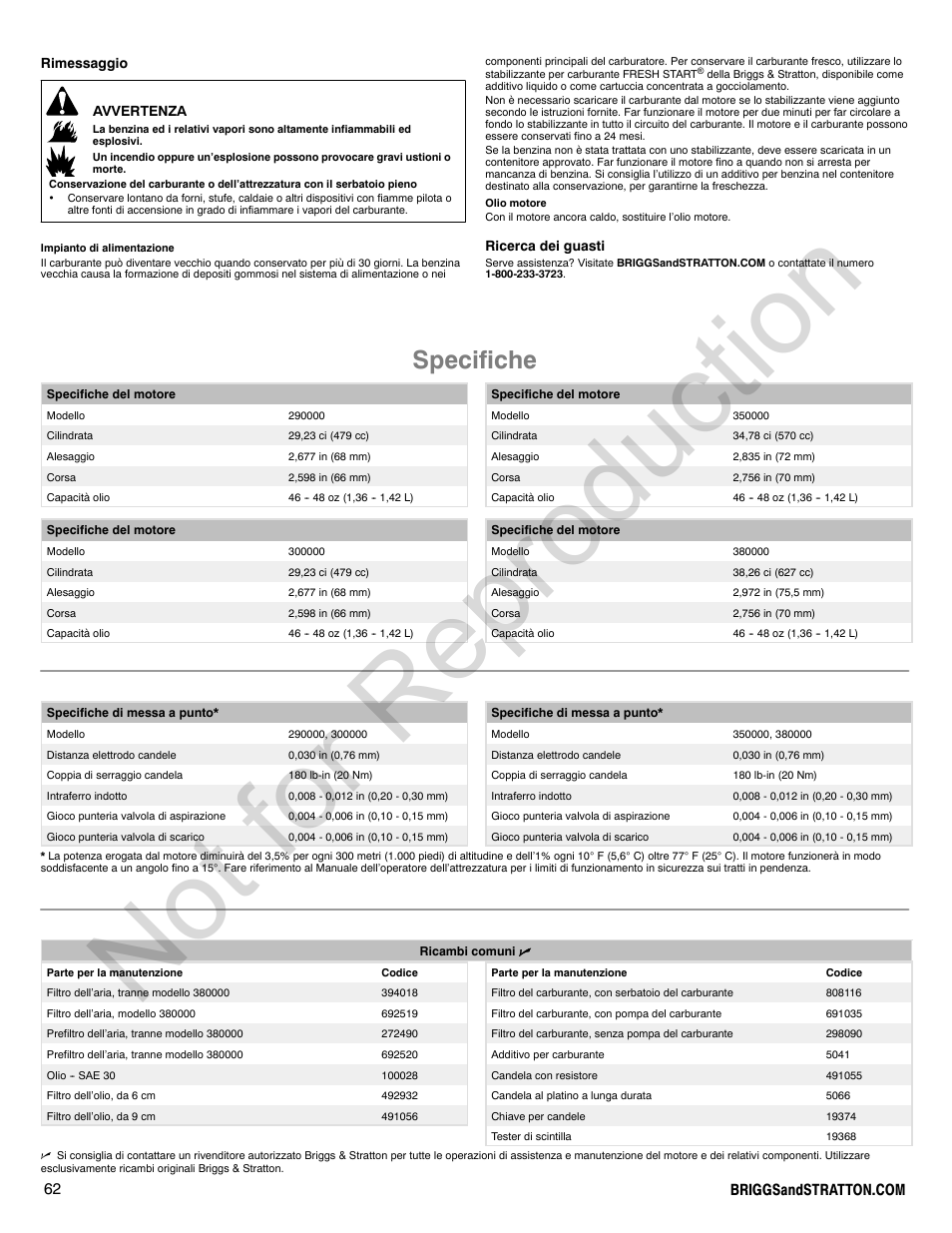 Not for reproduction, Specifiche | Briggs & Stratton VANGUARD 350000 User Manual | Page 62 / 92