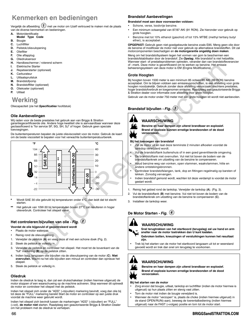 Not for reproduction, Kenmerken en bedieningen, Werking | Briggs & Stratton VANGUARD 350000 User Manual | Page 66 / 92