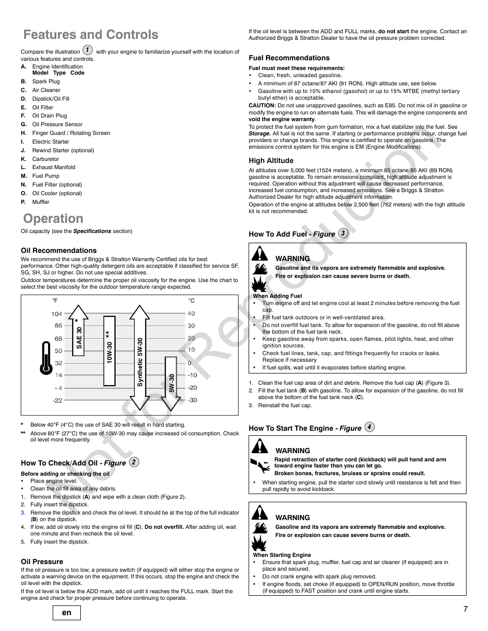Not for reproduction, Features and controls, Operation | Briggs & Stratton VANGUARD 350000 User Manual | Page 7 / 92