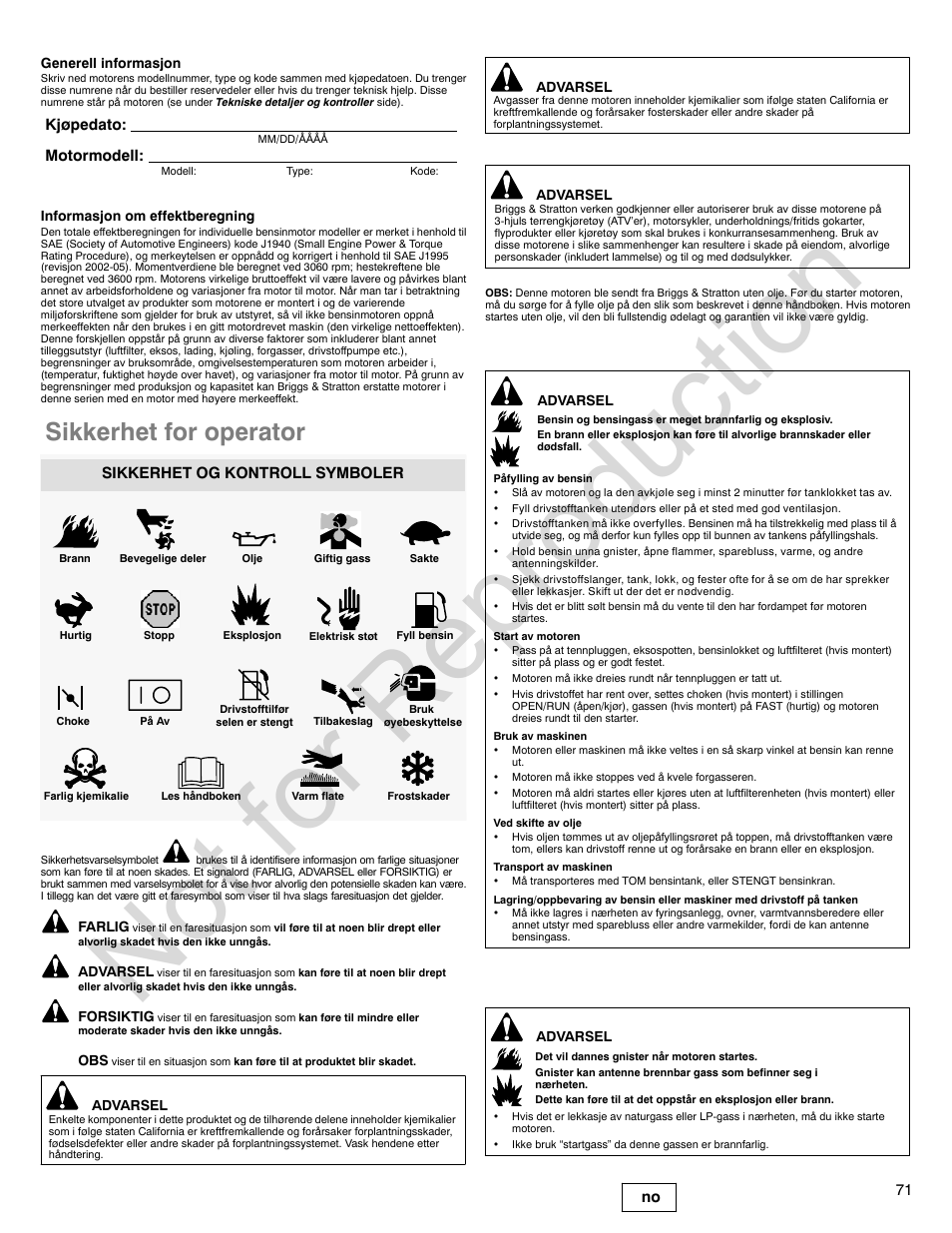 Not for reproduction, Sikkerhet for operator, 71 no | Kjøpedato: motormodell, Sikkerhet og kontroll symboler | Briggs & Stratton VANGUARD 350000 User Manual | Page 71 / 92