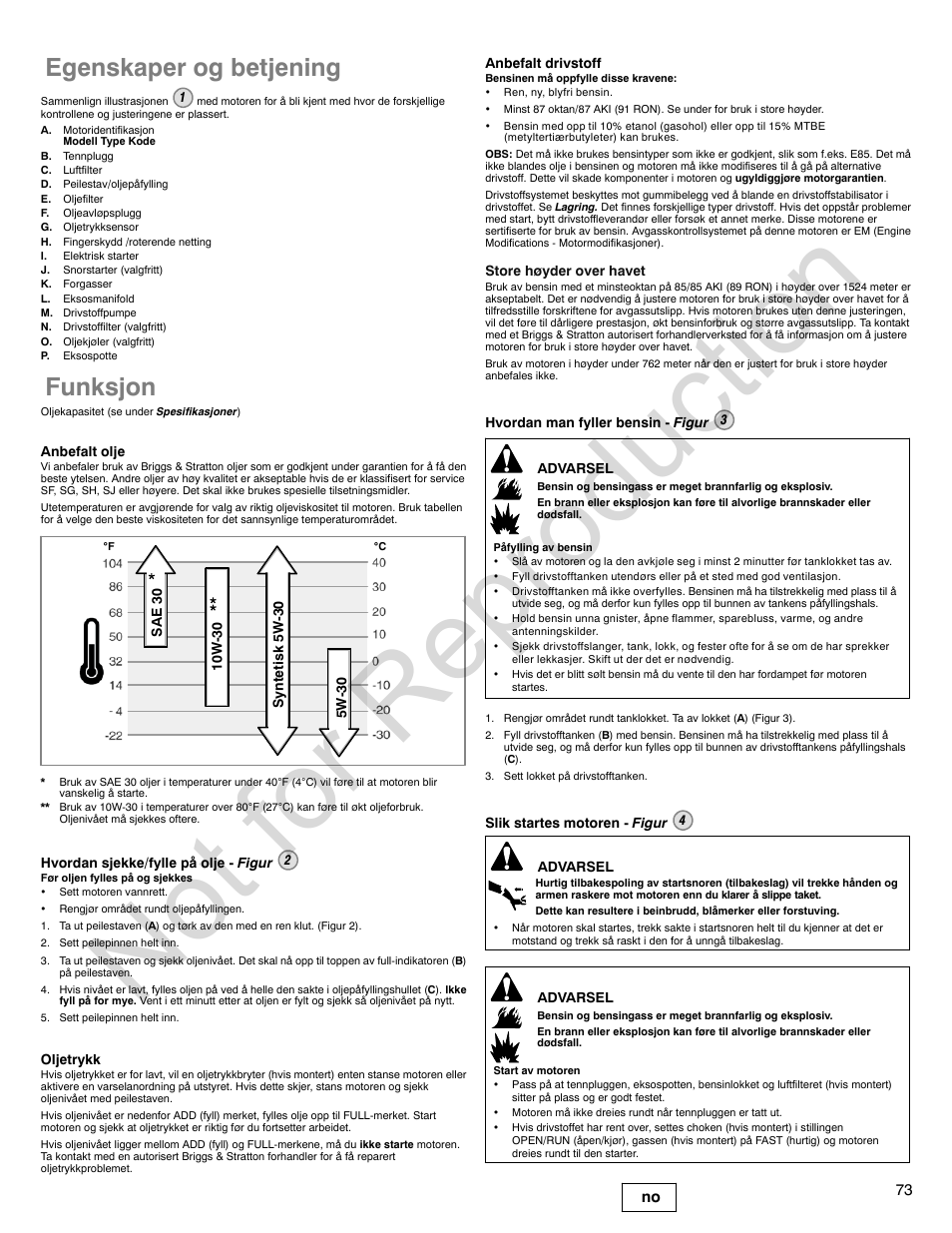 Not for reproduction, Egenskaper og betjening, Funksjon | Briggs & Stratton VANGUARD 350000 User Manual | Page 73 / 92