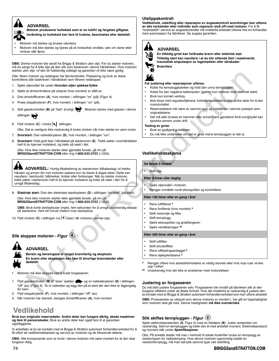 Not for reproduction, Vedlikehold | Briggs & Stratton VANGUARD 350000 User Manual | Page 74 / 92