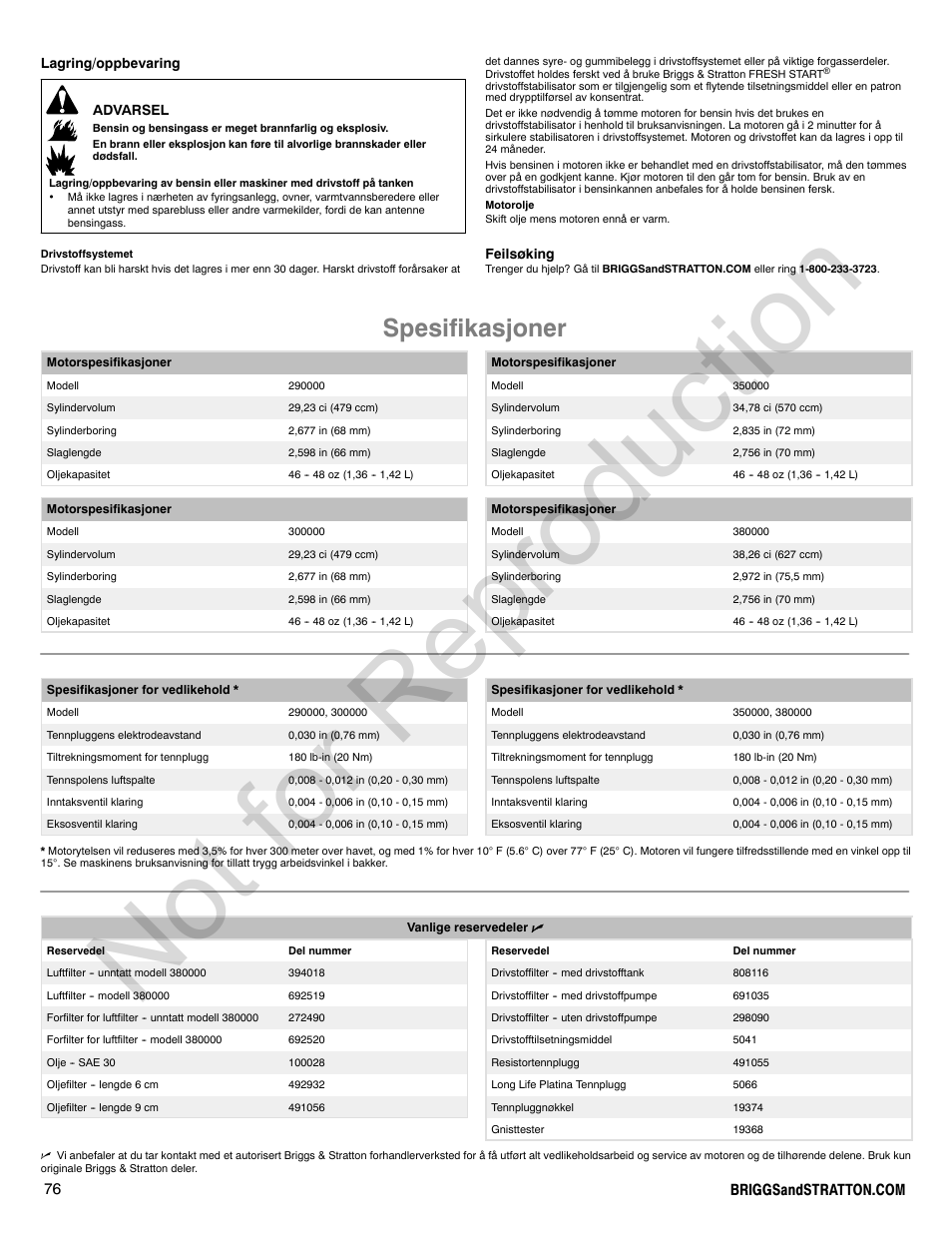 Not for reproduction, Spesifikasjoner | Briggs & Stratton VANGUARD 350000 User Manual | Page 76 / 92