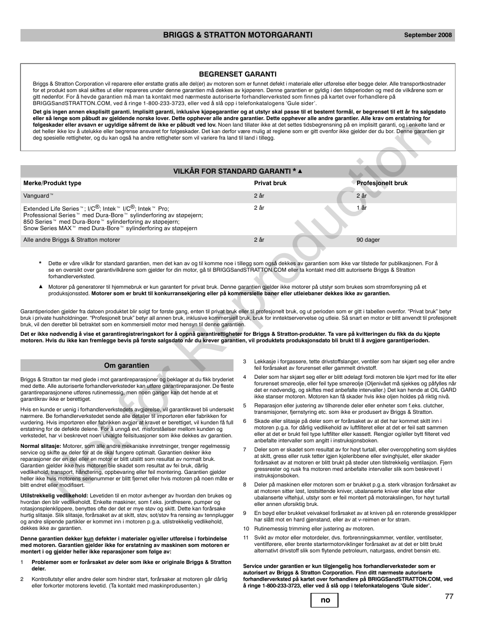 Not for reproduction, 77 no briggs & stratton motorgaranti | Briggs & Stratton VANGUARD 350000 User Manual | Page 77 / 92