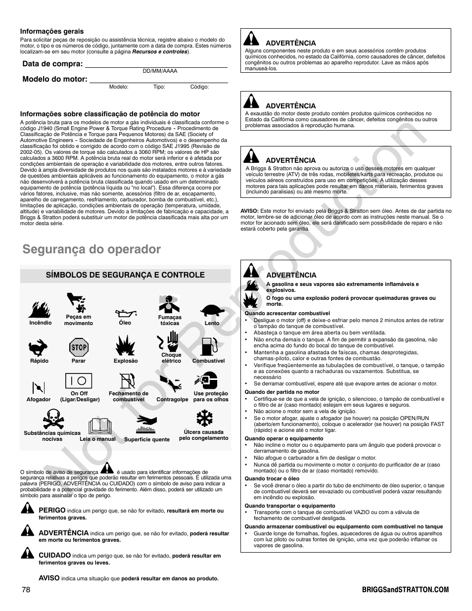 Not for reproduction, Segurança do operador, Data de compra: modelo do motor | Símbolos de segurança e controle | Briggs & Stratton VANGUARD 350000 User Manual | Page 78 / 92