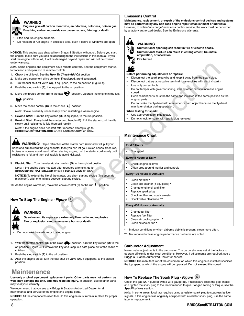 Not for reproduction, Maintenance | Briggs & Stratton VANGUARD 350000 User Manual | Page 8 / 92