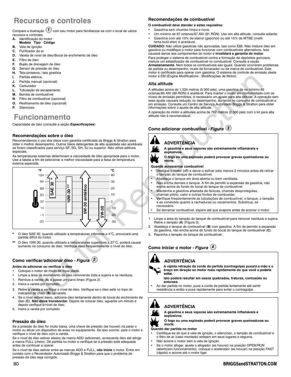 Not for reproduction, Recursos e controles, Funcionamento | Briggs & Stratton VANGUARD 350000 User Manual | Page 80 / 92