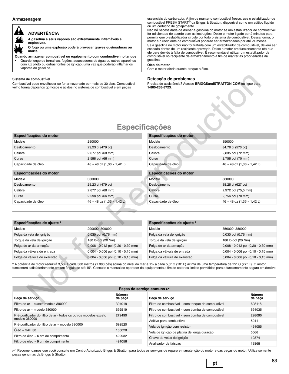 Not for reproduction, Especificações, 83 pt | Briggs & Stratton VANGUARD 350000 User Manual | Page 83 / 92