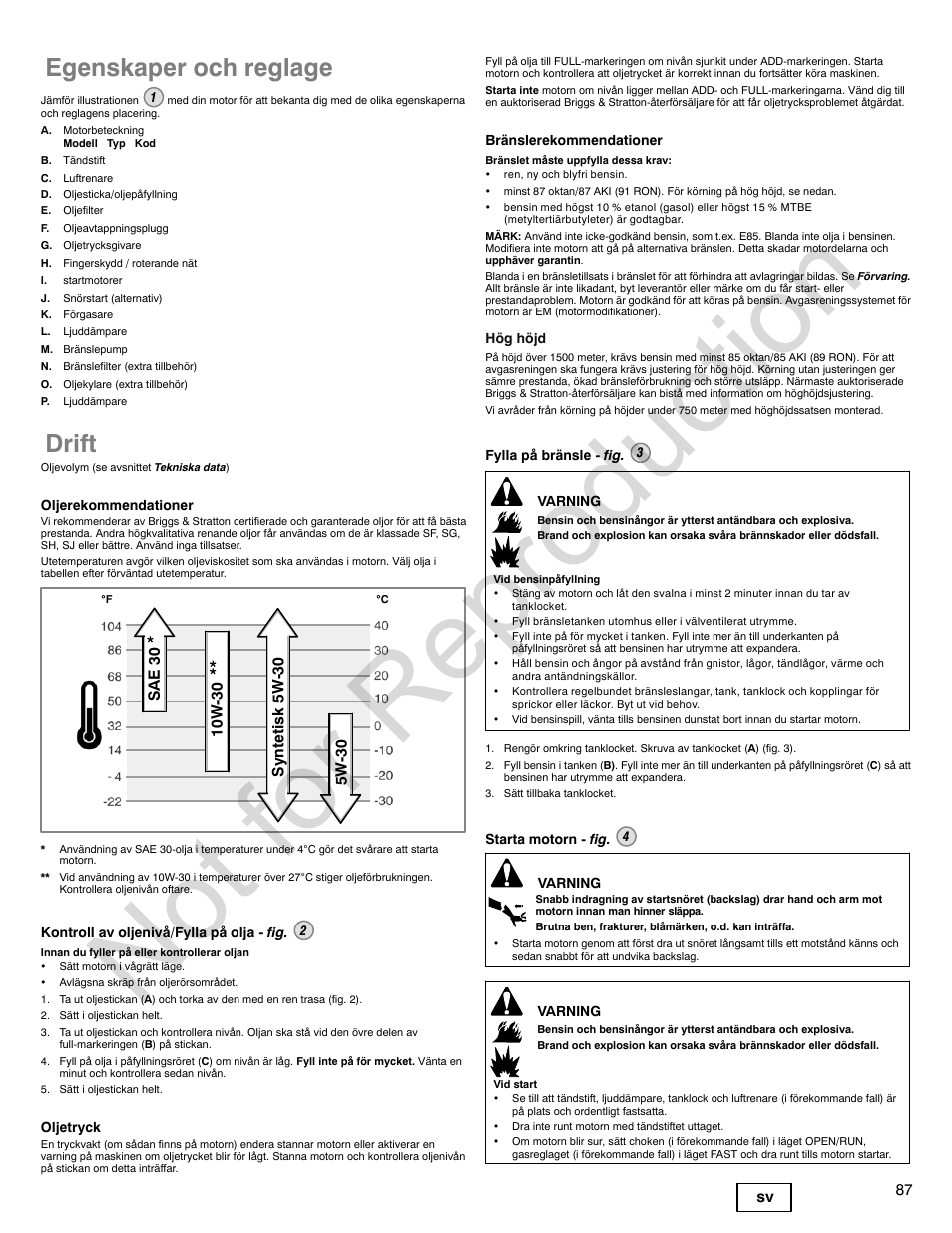 Not for reproduction, Egenskaper och reglage, Drift | Briggs & Stratton VANGUARD 350000 User Manual | Page 87 / 92