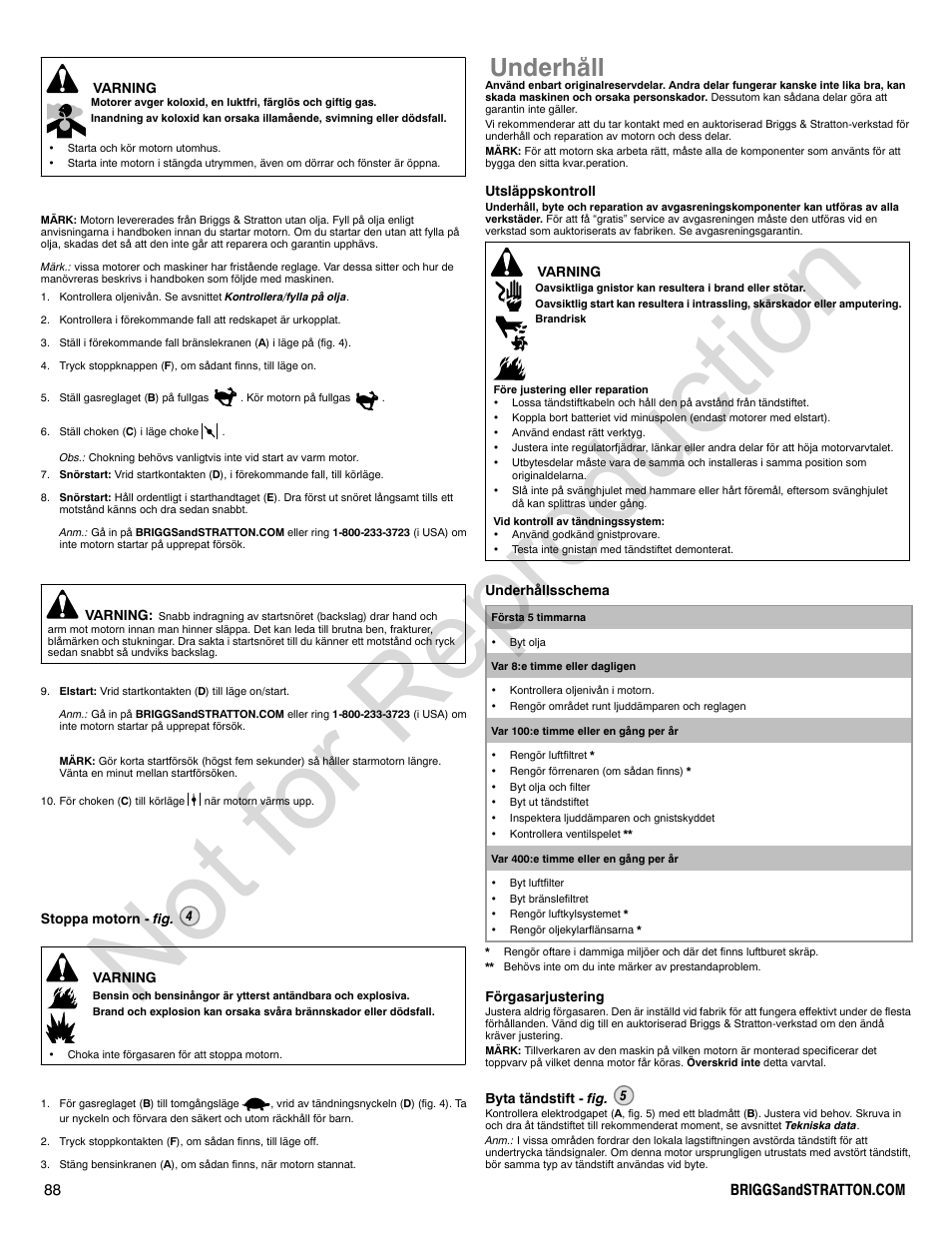 Not for reproduction, Underhåll | Briggs & Stratton VANGUARD 350000 User Manual | Page 88 / 92