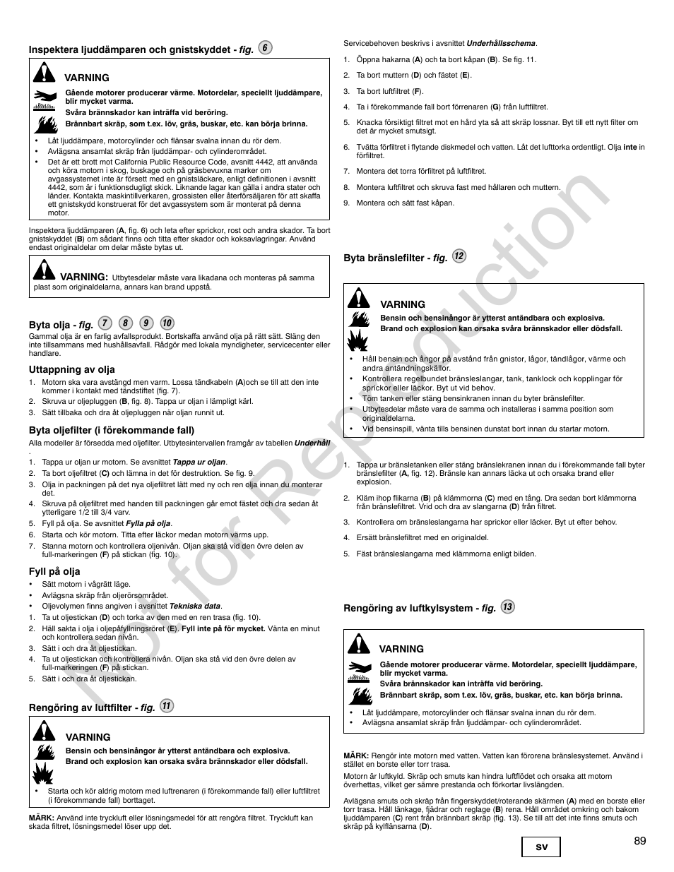 Not for reproduction, 89 sv | Briggs & Stratton VANGUARD 350000 User Manual | Page 89 / 92