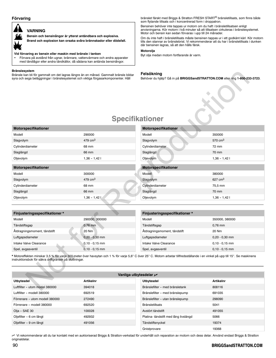 Not for reproduction, Specifikationer | Briggs & Stratton VANGUARD 350000 User Manual | Page 90 / 92