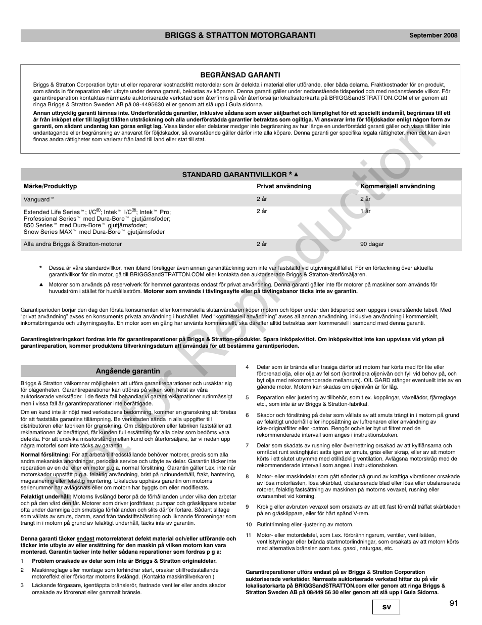 Not for reproduction, 91 sv briggs & stratton motorgaranti | Briggs & Stratton VANGUARD 350000 User Manual | Page 91 / 92