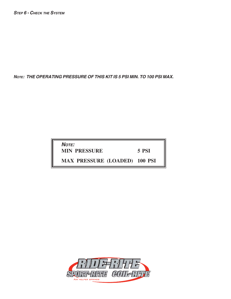 Min pressure 5 psi max pressure (loaded) 100 psi | Rite-Ride 2398 User Manual | Page 4 / 13