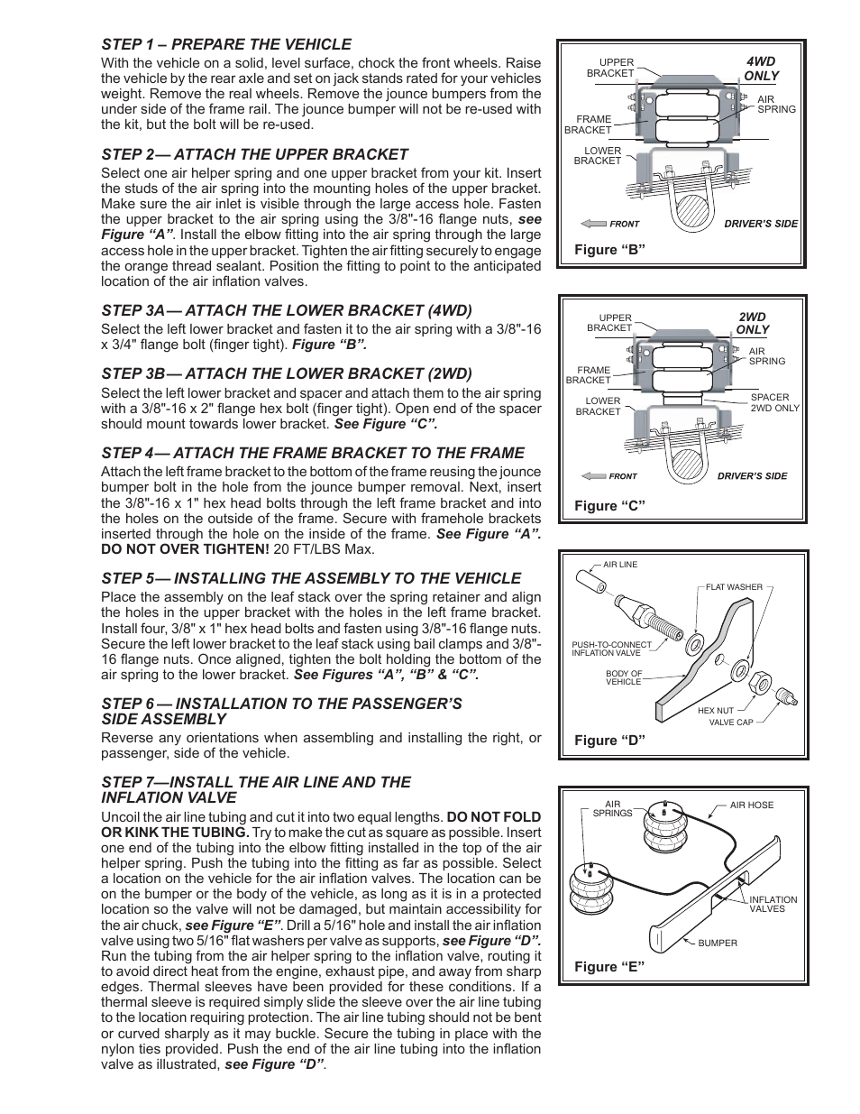 Step 1 – prepare the vehicle, Step 2— attach the upper bracket, Step 3a— attach the lower bracket (4wd) | Step 3b— attach the lower bracket (2wd), Step 4— attach the frame bracket to the frame, Step 5— installing the assembly to the vehicle | Rite-Ride 2525 User Manual | Page 3 / 12