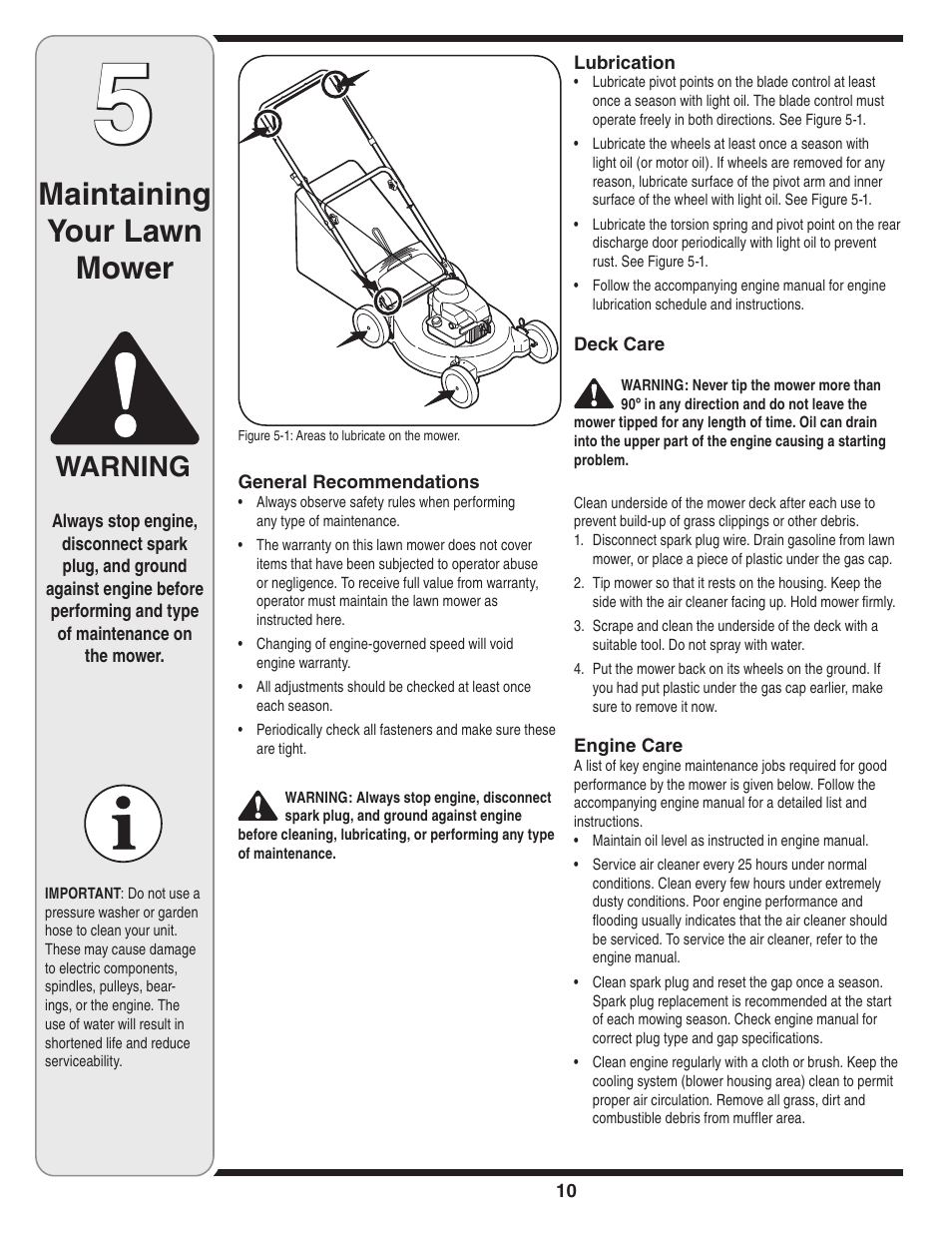 Maintaining your lawn mower, Warning | Briggs & Stratton Series 410 thru 420 User Manual | Page 10 / 16