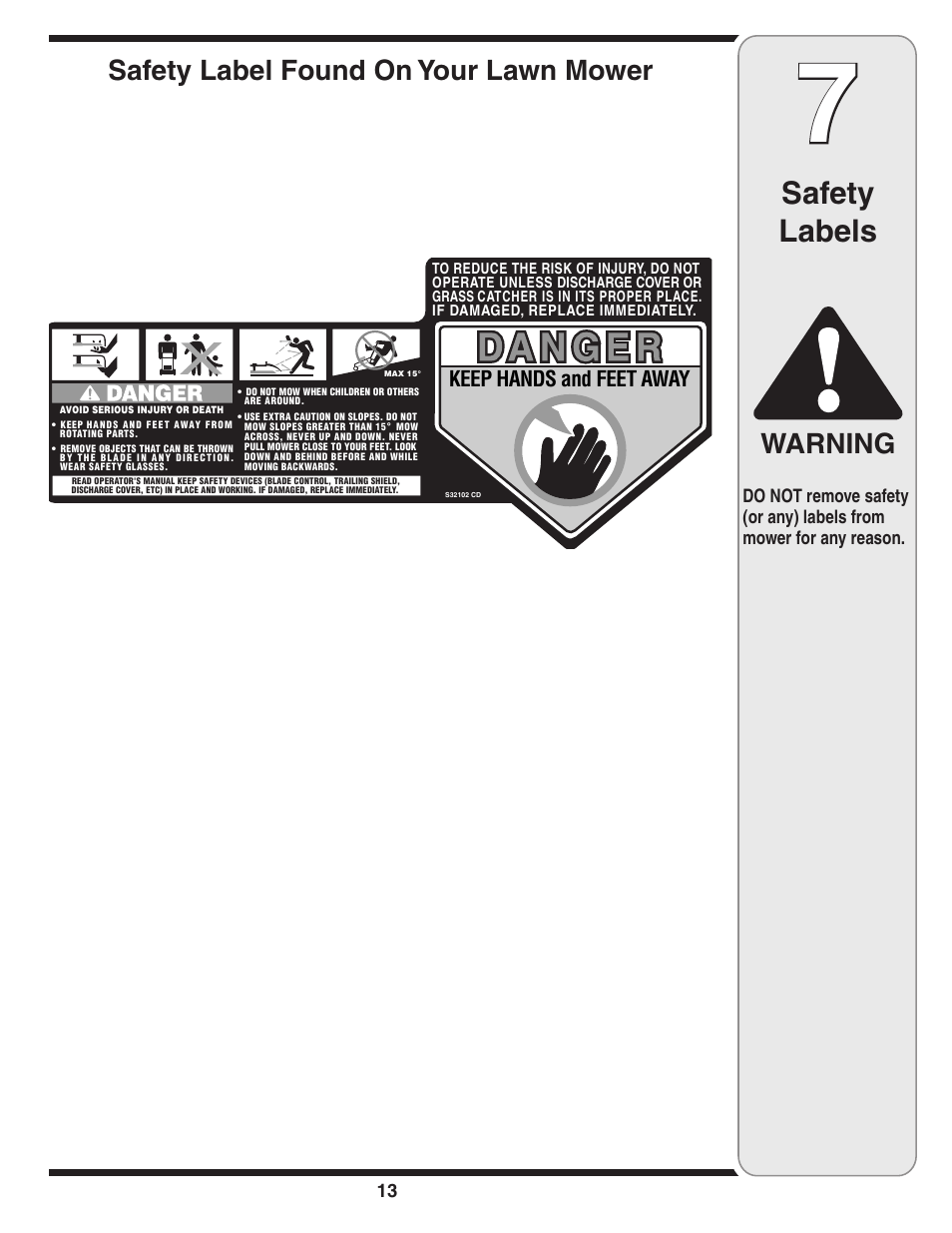 Safety labels, Warning, Safety label found on your lawn mower | Briggs & Stratton Series 410 thru 420 User Manual | Page 13 / 16