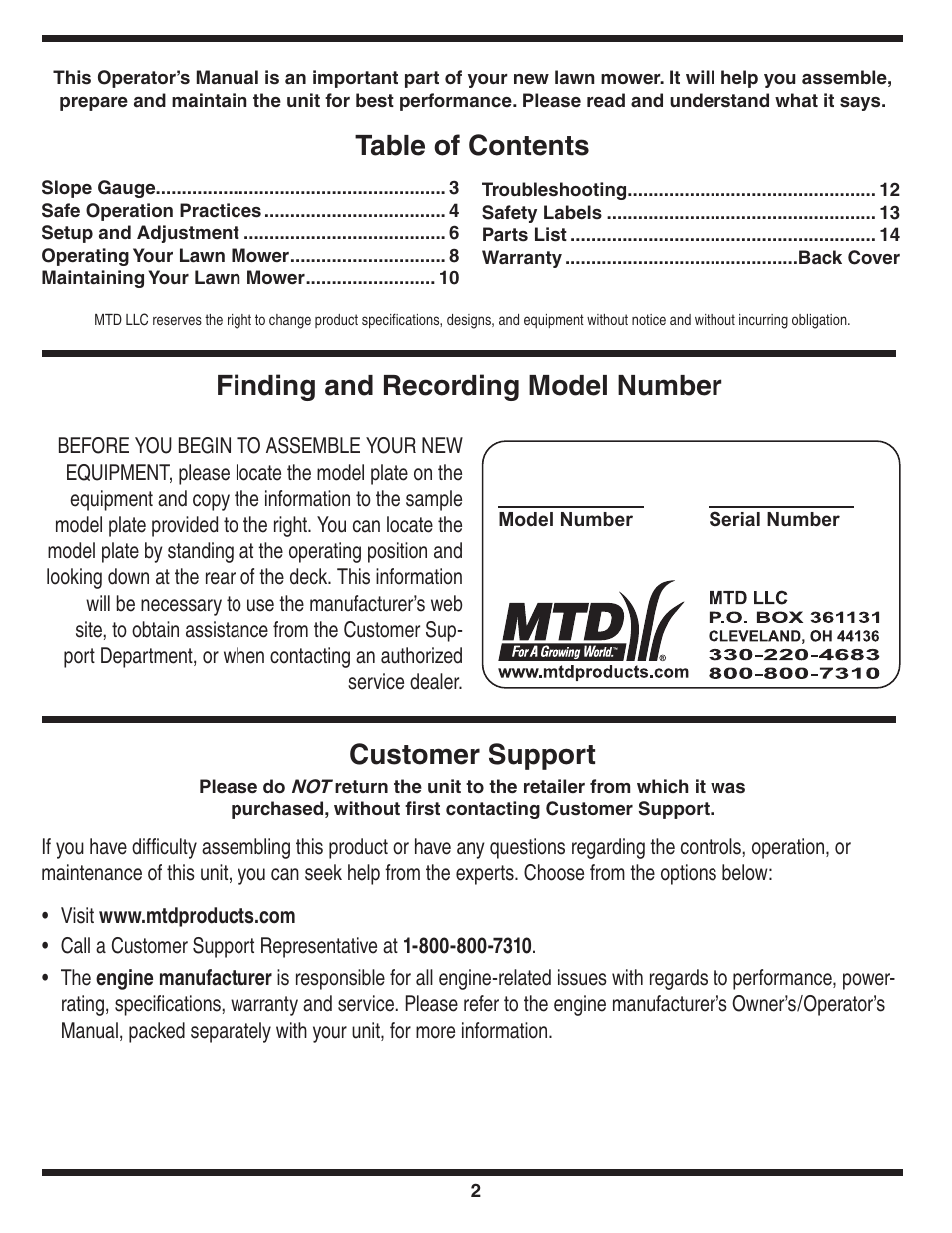 Customer support | Briggs & Stratton Series 410 thru 420 User Manual | Page 2 / 16