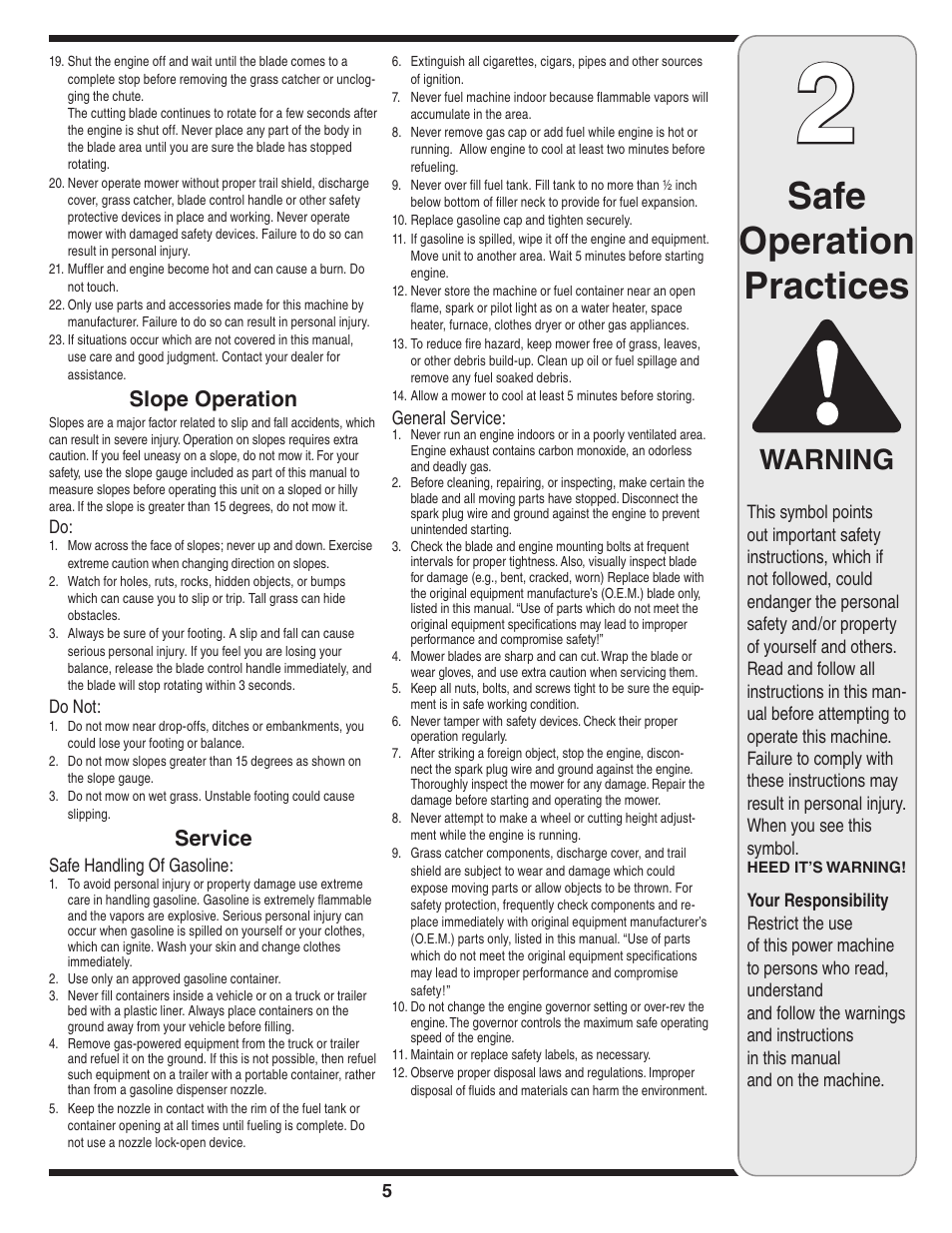 Safe operation practices, Warning, Slope operation | Service | Briggs & Stratton Series 410 thru 420 User Manual | Page 5 / 16