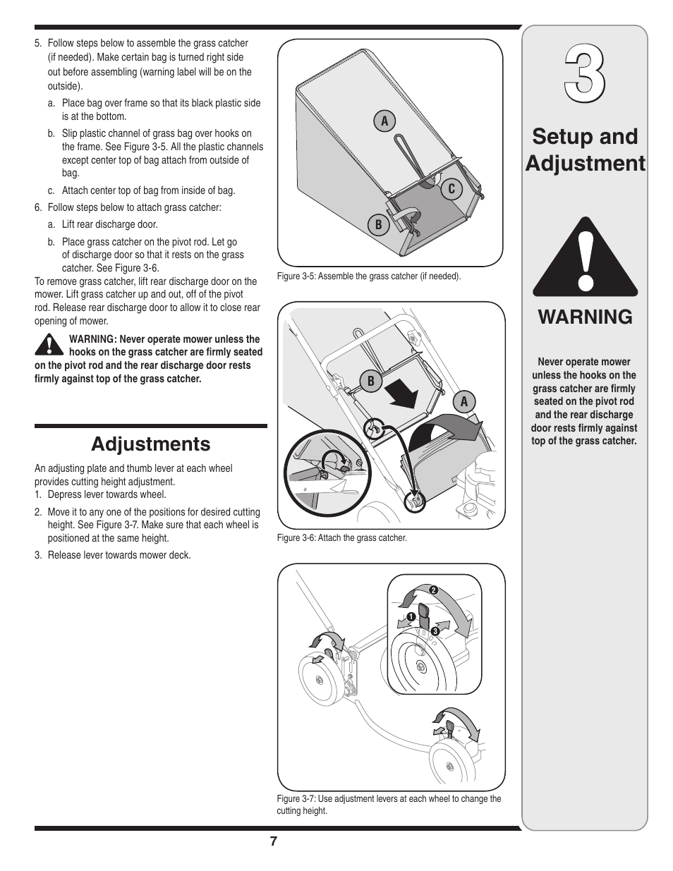 Setup and adjustment, Warning, Adjustments | Briggs & Stratton Series 410 thru 420 User Manual | Page 7 / 16