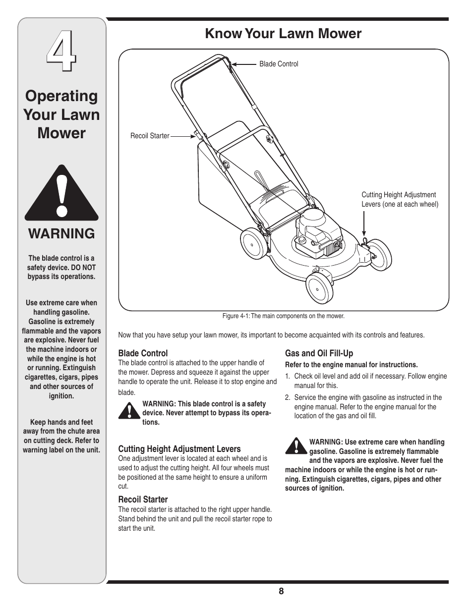 Operating your lawn mower, Warning, Know your lawn mower | Briggs & Stratton Series 410 thru 420 User Manual | Page 8 / 16