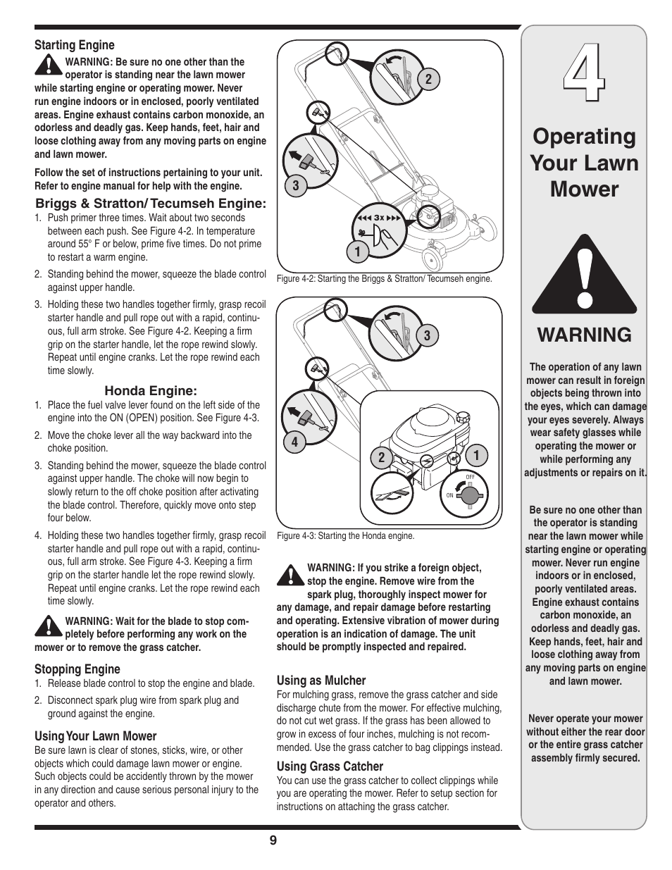 Operating your lawn mower, Warning | Briggs & Stratton Series 410 thru 420 User Manual | Page 9 / 16