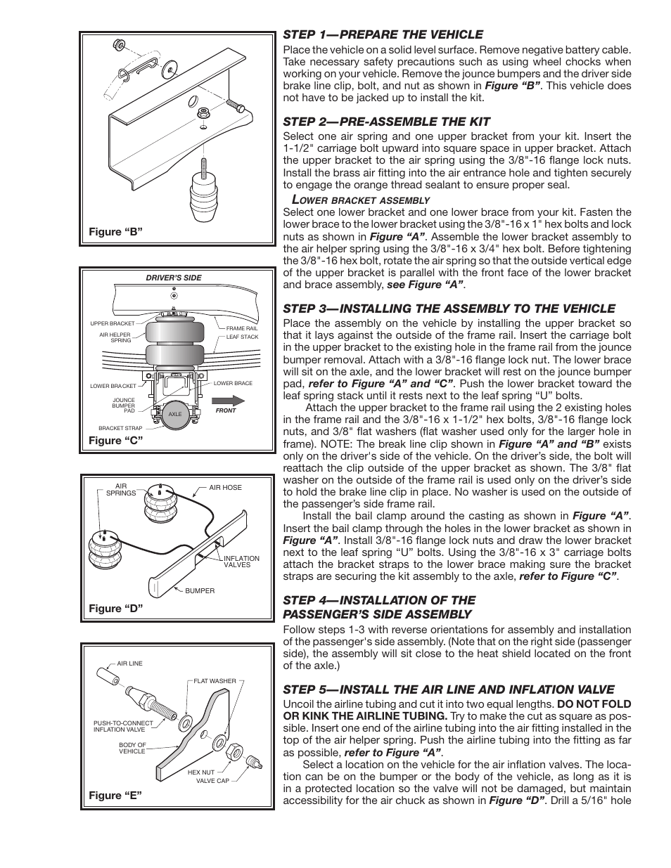 Step 1—prepare the vehicle, Step 2—pre-assemble the kit, Step 3—installing the assembly to the vehicle | Step 5—install the air line and inflation valve | Rite-Ride 2251 User Manual | Page 3 / 12