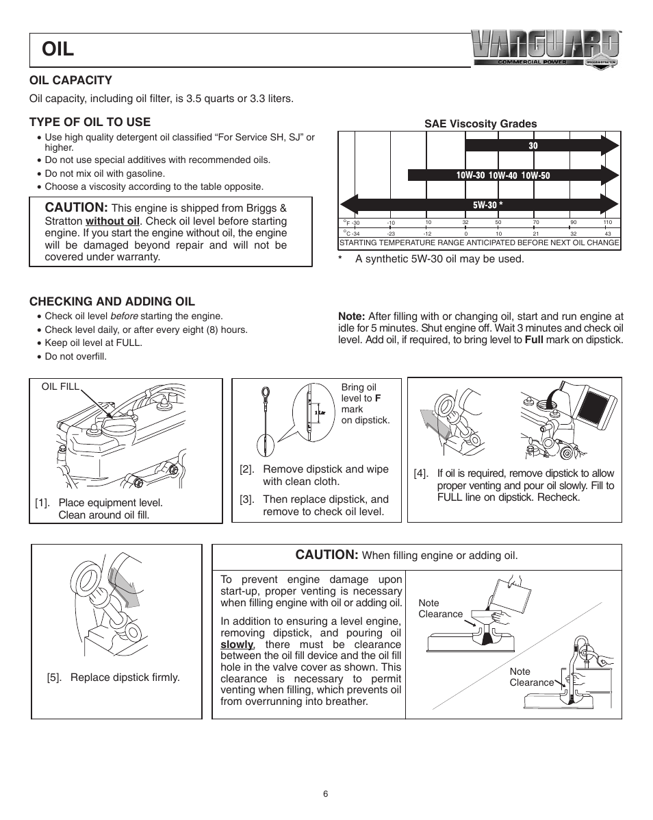 Caution, Oil capacity, Type of oil to use | Checking and adding oil | Briggs & Stratton 580447 User Manual | Page 6 / 20