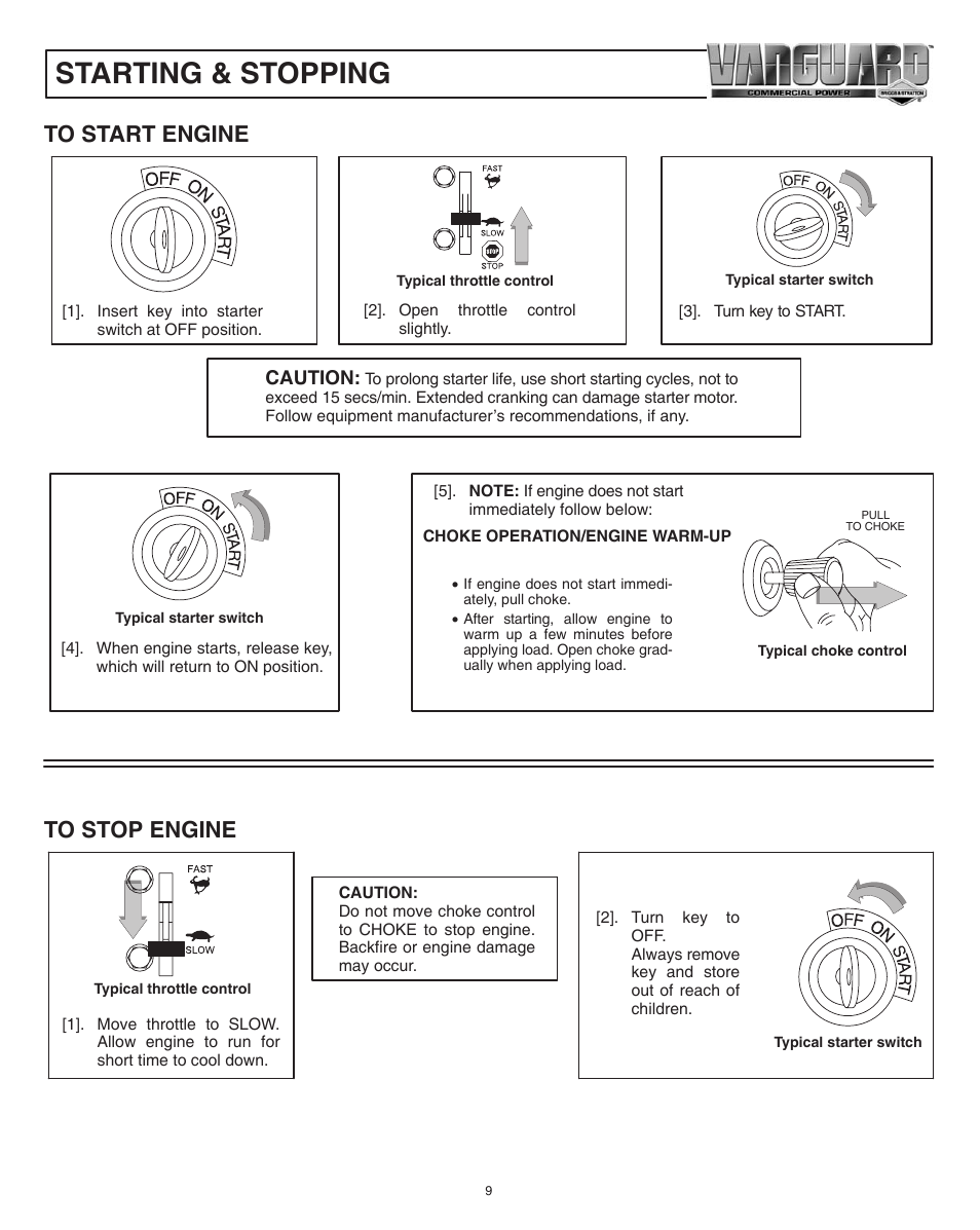 Starting & stopping | Briggs & Stratton 580447 User Manual | Page 9 / 20