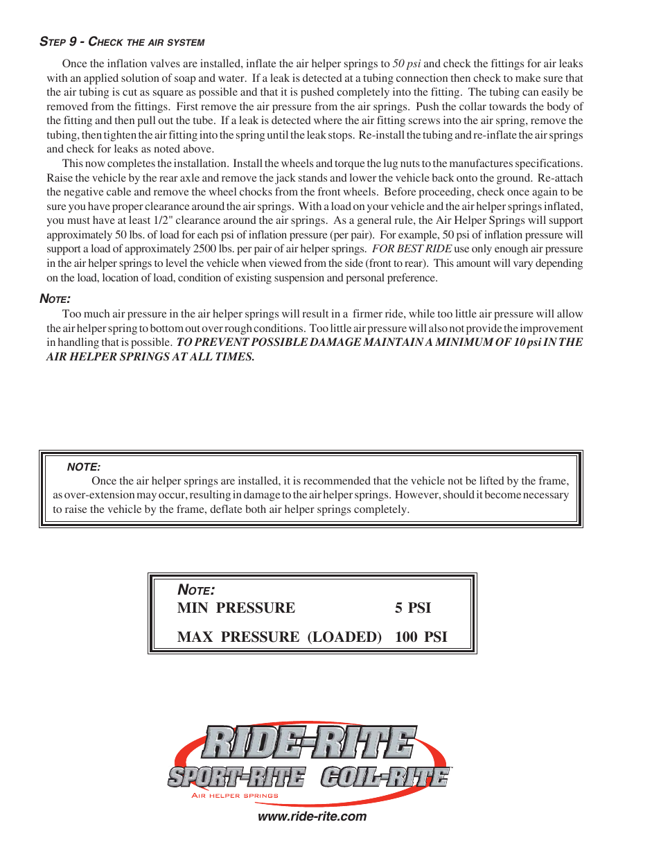 Min pressure 5 psi max pressure (loaded) 100 psi | Rite-Ride 2245 User Manual | Page 4 / 12
