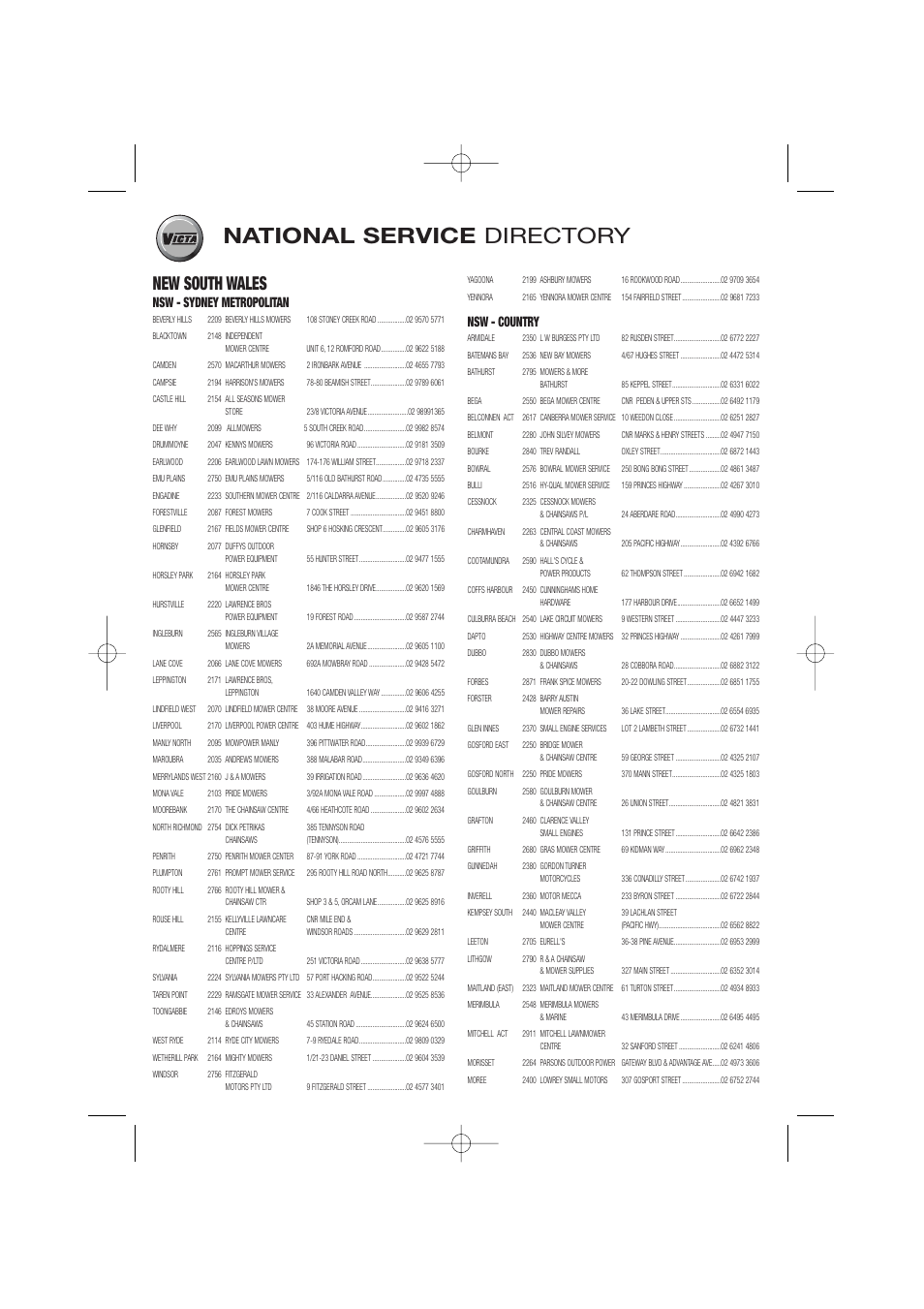 National service directory, New south wales, Nsw - sydney metropolitan | Nsw - country | Briggs & Stratton Electric Lawnmower User Manual | Page 22 / 28