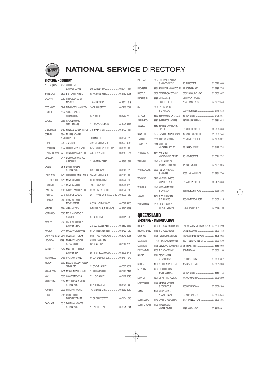 National service directory, Queensland, Victoria - country | Brisbane - metropolitan | Briggs & Stratton Electric Lawnmower User Manual | Page 24 / 28