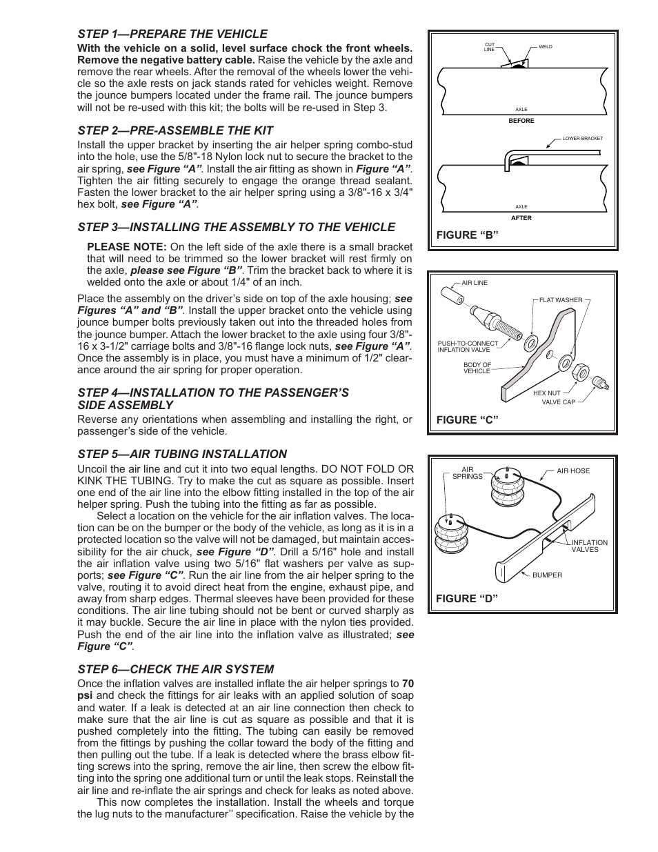 Step 1—prepare the vehicle, Step 2—pre-assemble the kit, Step 3—installing the assembly to the vehicle | Step 5—air tubing installation, Step 6—check the air system | Rite-Ride 2551 User Manual | Page 3 / 13