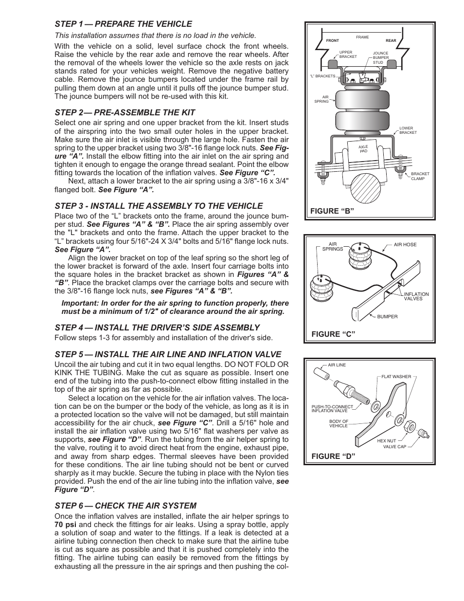 Step 1 — prepare the vehicle, Step 2— pre-assemble the kit, Step 3 - install the assembly to the vehicle | Step 4 — install the driver’s side assembly, Step 5 — install the air line and inflation valve, Step 6 — check the air system | Rite-Ride 2485 User Manual | Page 3 / 12