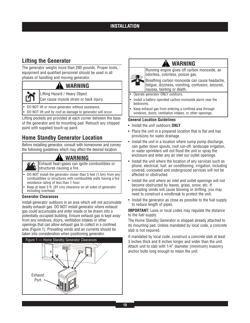 Lifting the generator, Home standby generator location, Warning | Briggs & Stratton 40220 User Manual | Page 10 / 88