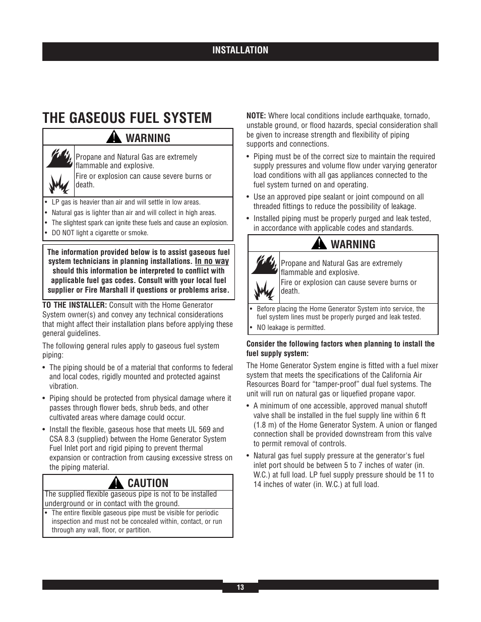 Control circuit connectio, The syst, Storage | Generator control circuit connection, The system, The gaseous fuel system, Warning, Caution | Briggs & Stratton 40220 User Manual | Page 13 / 88