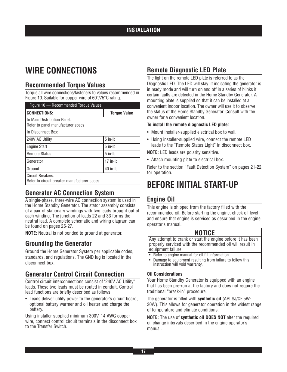 Setting exercise time, Generator maintenanc, Setting exercise timer | Generator maintenance, Wire connections, Before initial start-up, Recommended torque values, Generator ac connection system, Grounding the generator, Generator control circuit connection | Briggs & Stratton 40220 User Manual | Page 17 / 88