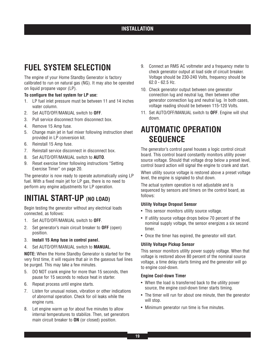 Fuel system selection, Initial start-up, Automatic operation sequence | Briggs & Stratton 40220 User Manual | Page 19 / 88