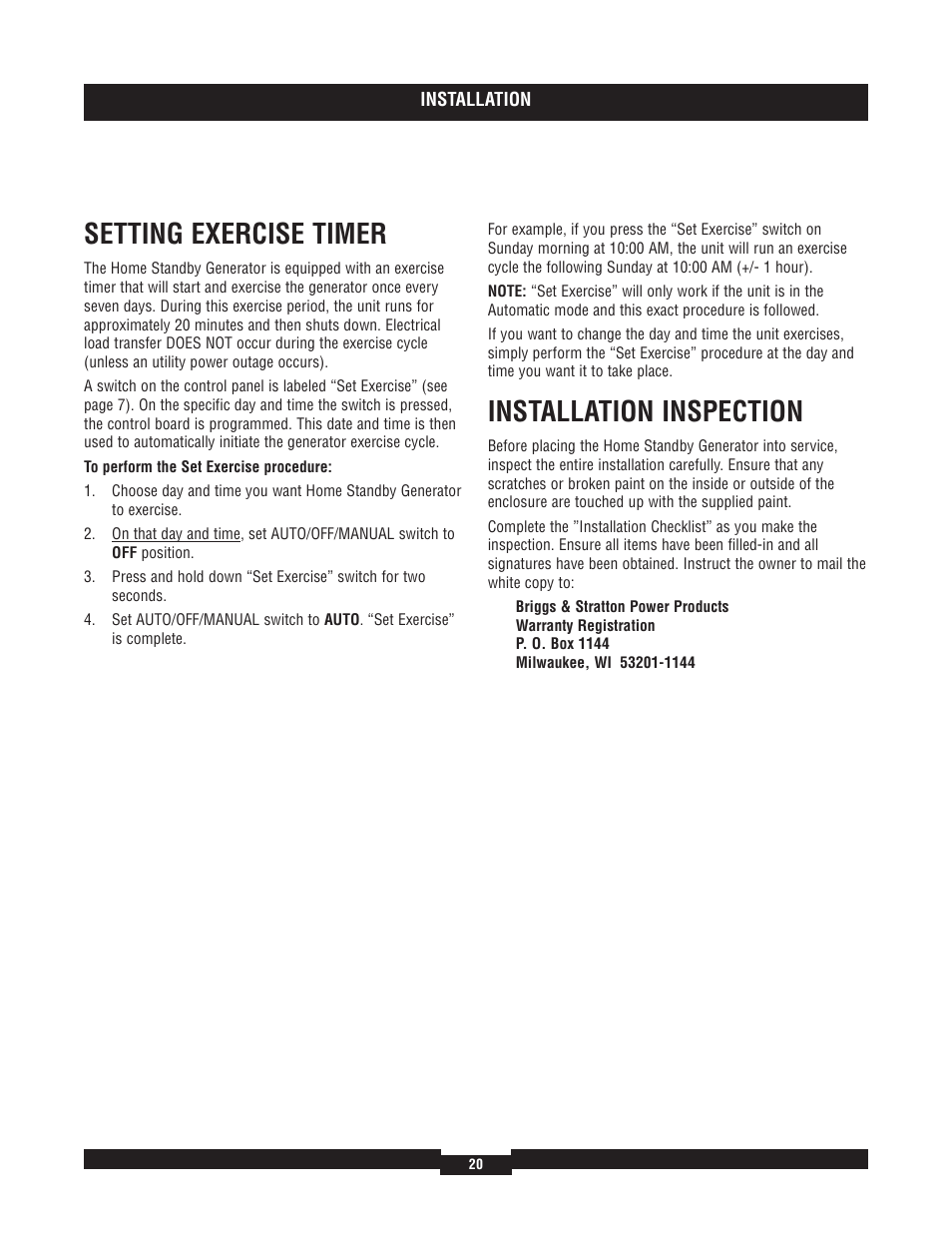 Calling the factor, When calling the factory, Setting exercise timer | Installation inspection | Briggs & Stratton 40220 User Manual | Page 20 / 88