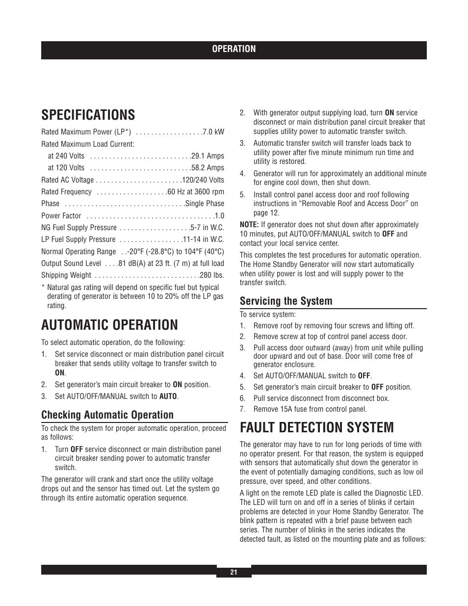 Specifications, Automatic operation, Fault detection system | Checking automatic operation, Servicing the system | Briggs & Stratton 40220 User Manual | Page 21 / 88