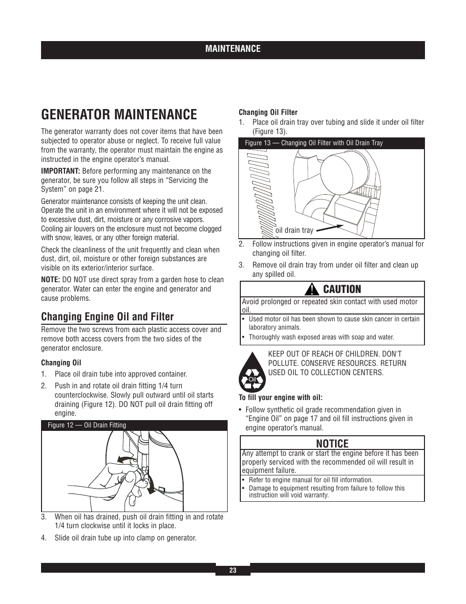New list, Genera tor maintenance, Changing engine oil and filter | Notice, Caution | Briggs & Stratton 40220 User Manual | Page 23 / 88