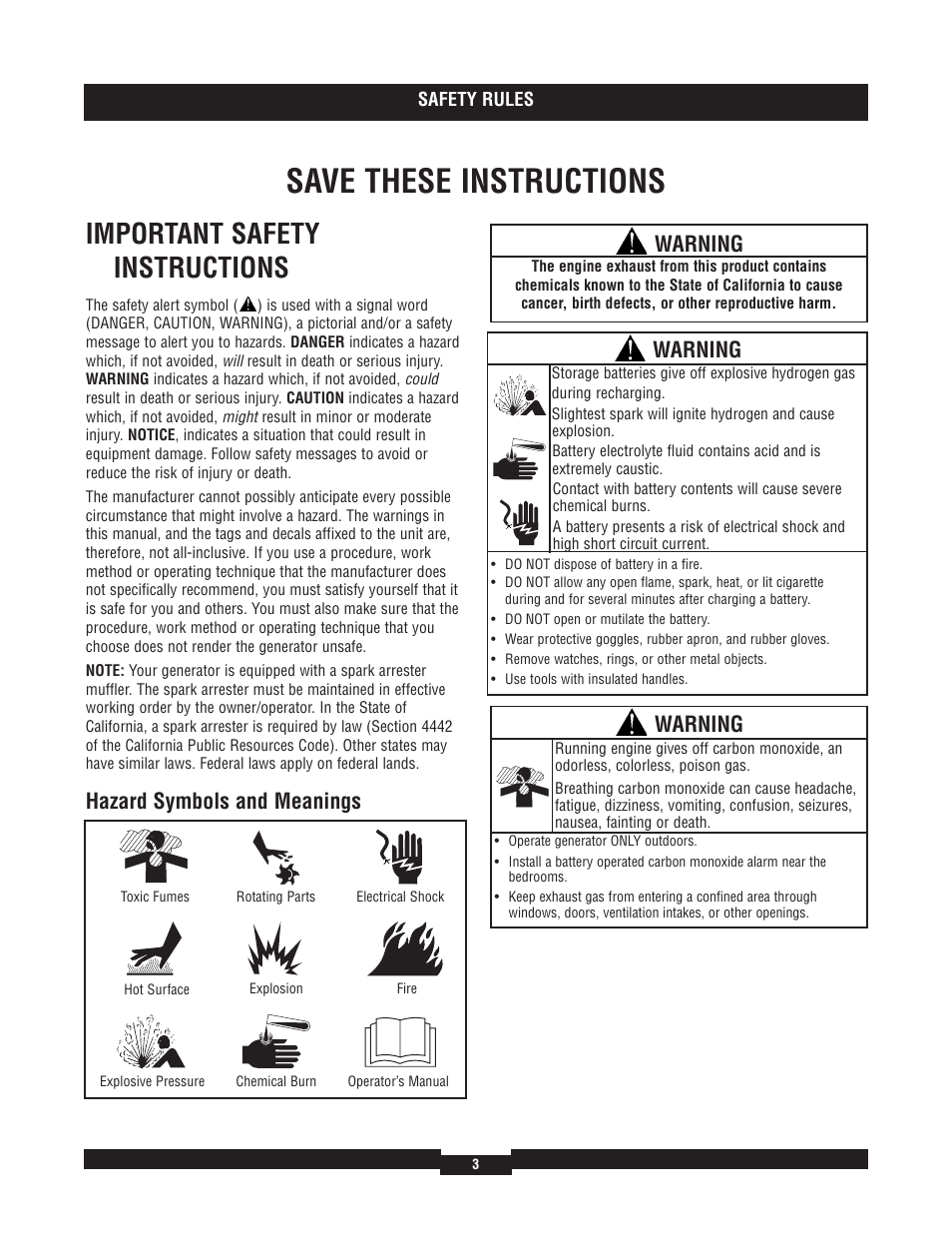 Safety instructions, Safety instructions -5, Save these instructions | Important safety instructions, Hazard symbols and meanings, Warning | Briggs & Stratton 40220 User Manual | Page 3 / 88