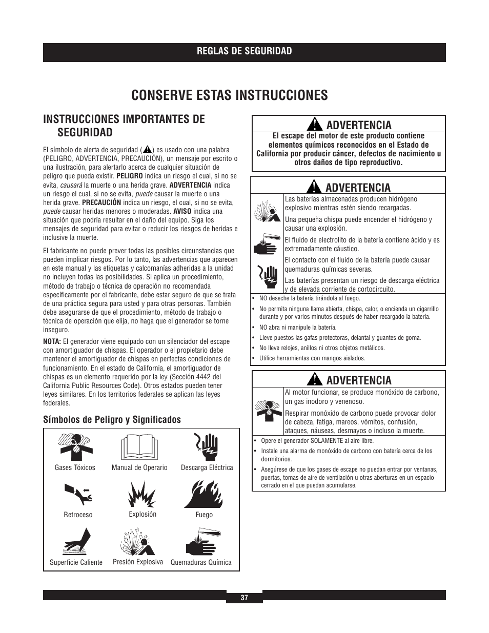 Conserve estas instrucciones, Instrucciones importantes de seguridad, Advertencia | Briggs & Stratton 40220 User Manual | Page 37 / 88