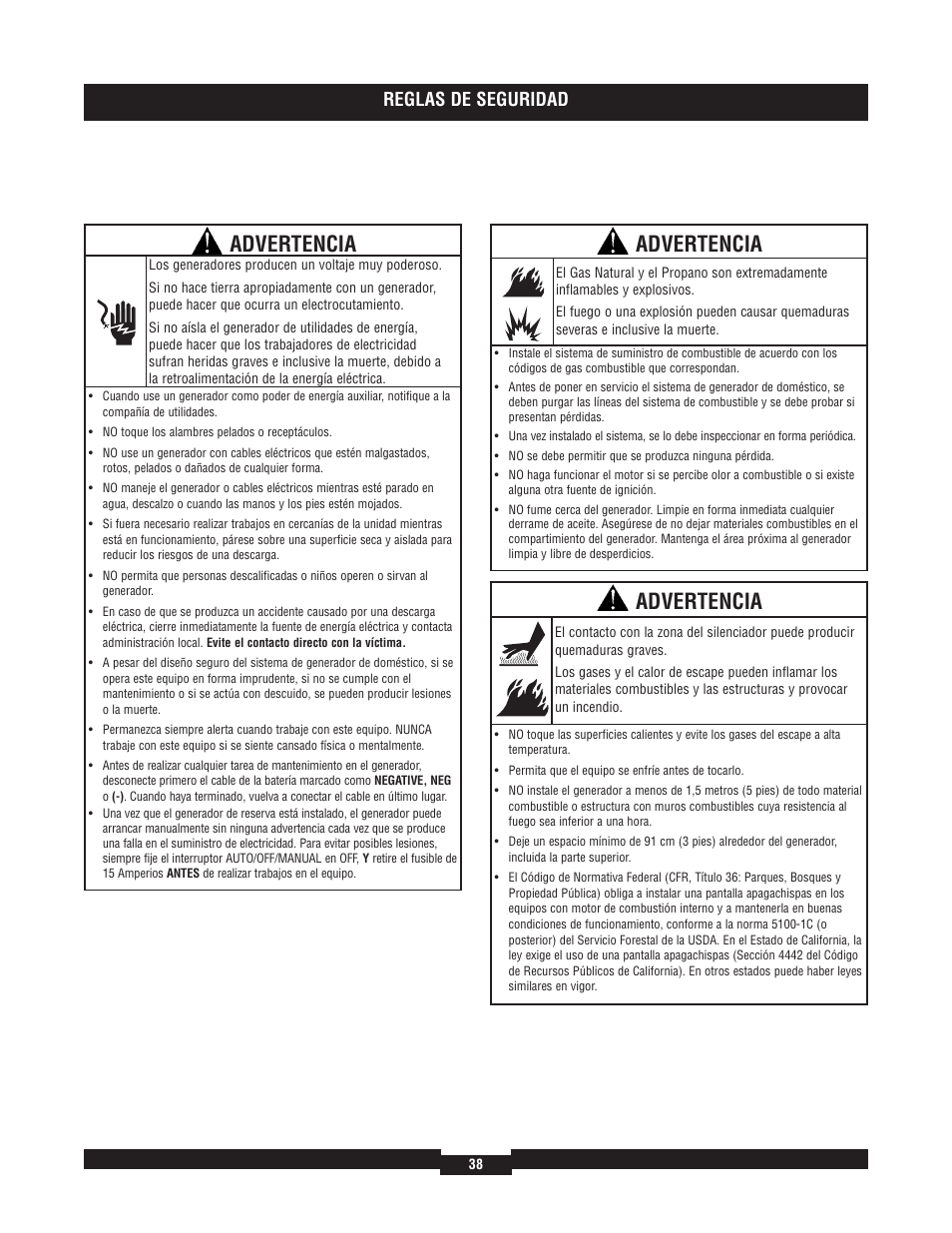 Advertencia, Reglas de seguridad | Briggs & Stratton 40220 User Manual | Page 38 / 88