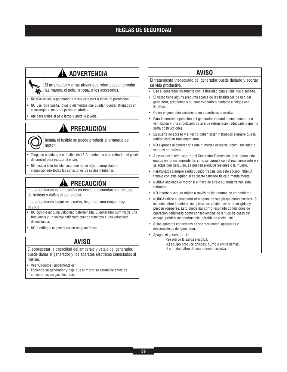 Precaución, Advertencia, Aviso | Reglas de seguridad | Briggs & Stratton 40220 User Manual | Page 39 / 88