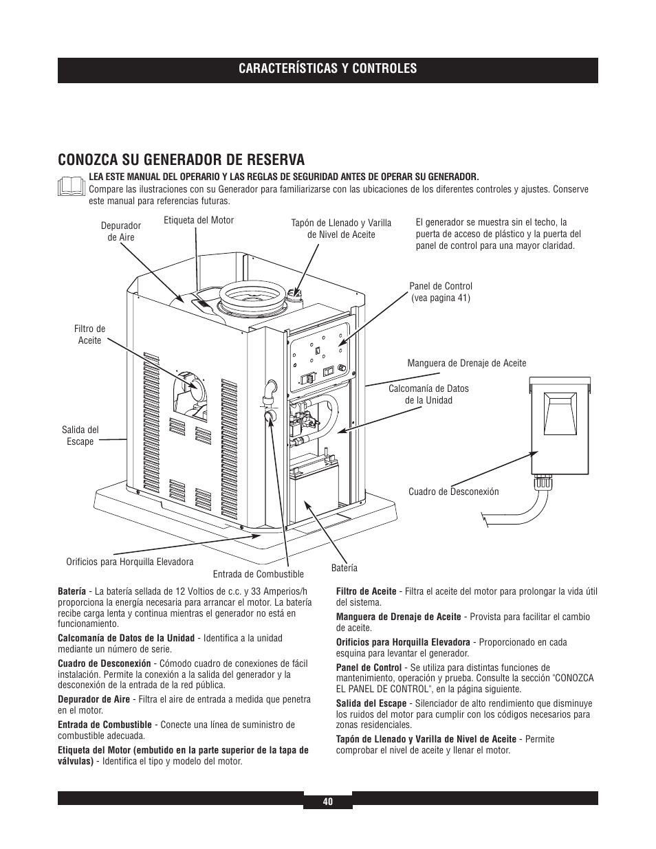 Conozca su generador de reserva, Características y controles | Briggs & Stratton 40220 User Manual | Page 40 / 88