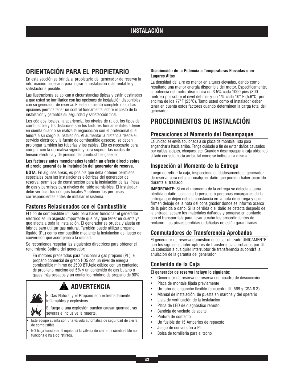 Orientación para el propietario, Procedimientos de instalación, Advertencia | Briggs & Stratton 40220 User Manual | Page 43 / 88