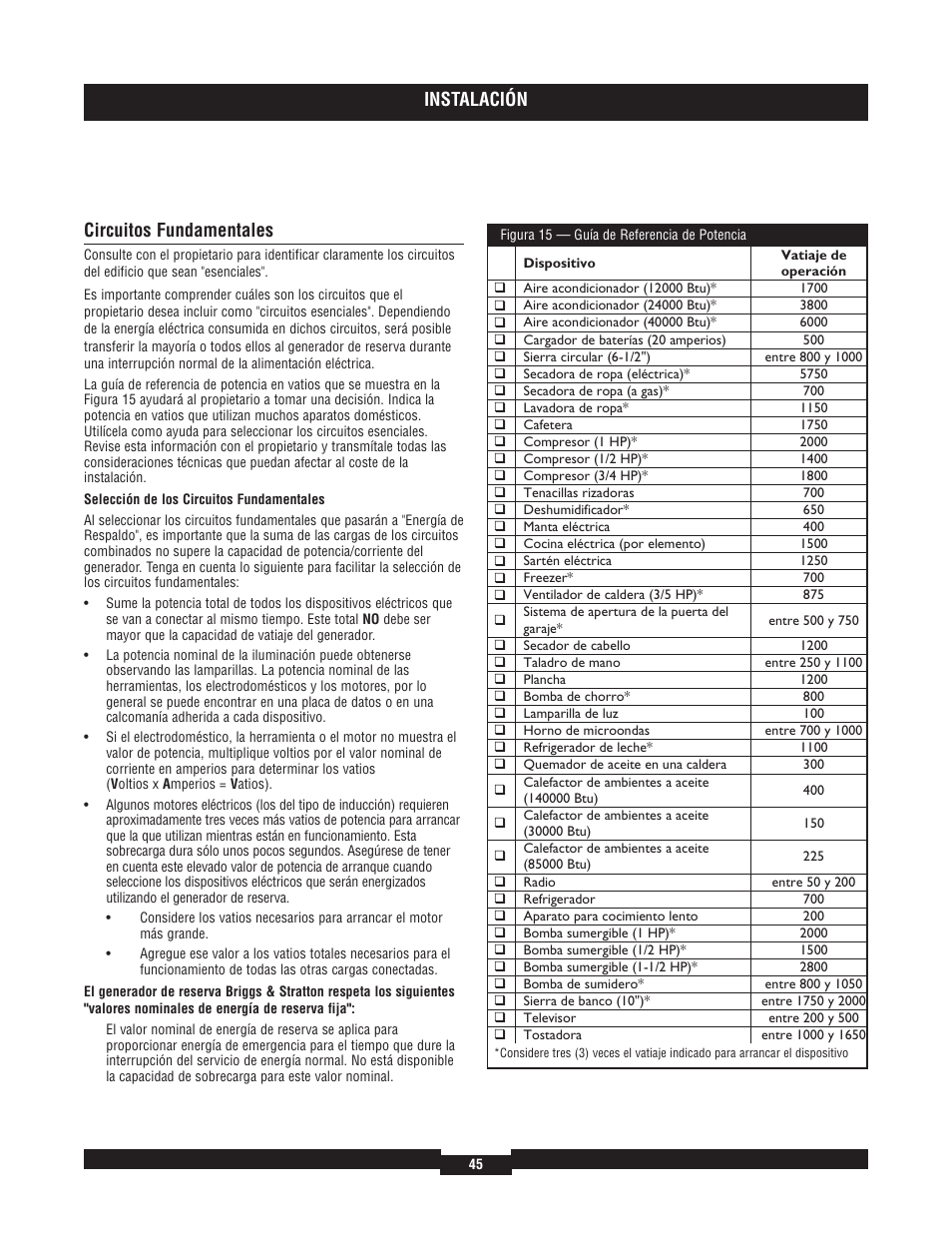 Instalación, Circuitos fundamentales | Briggs & Stratton 40220 User Manual | Page 45 / 88