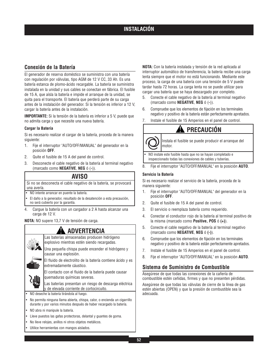 Aviso, Advertencia, Precaución | Instalación, Conexión de la batería, Sistema de suministro de combustible | Briggs & Stratton 40220 User Manual | Page 52 / 88