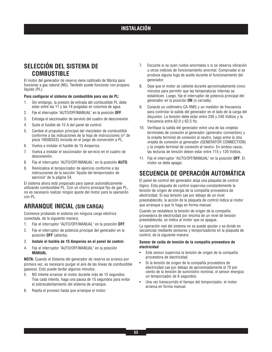 Selección del sistema de combustible, Arranque inicial, Secuencia de operación automática | Briggs & Stratton 40220 User Manual | Page 53 / 88